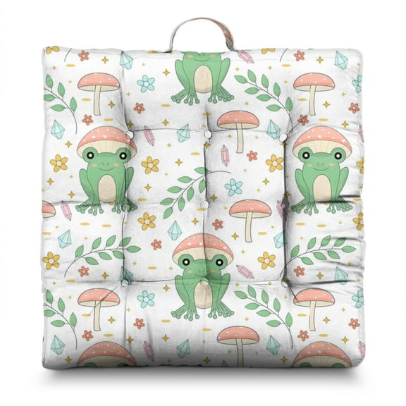 Boho Green Frog Floor Cushion for Adults - Thick 4.7" Supportive Square Pillow with Cartoon Mushroom & Flower Print, Skin-Friendly Fabric