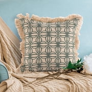 Boho Green Geometric Throw Pillow Cover with Fringe - 18" x 18" Moroccan Style Accent Cushion Case - Decorative Square Pillowcase for Sofa & Bed Cover Only