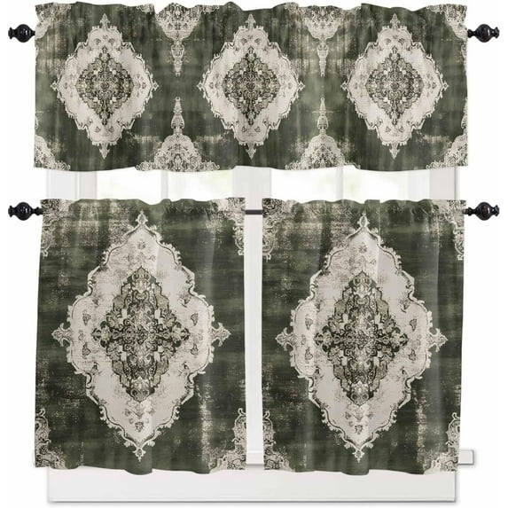 Boho Green Kitchen Curtains and Valances Set, Rod Pocket Curtains Tier Farmhouse Window Curtains 36 Inch Length, Retro Shabby Ethnic Tradition Geometric 3 Piece Kitchen Curtains Set