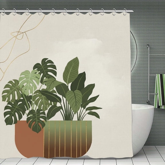Boho Green Leaf Mid Century Print Shower Curtain,Modern Fabric Waterproof Shower Curtain Set with Hooks 70.8×70.8Inch (180×180cm)