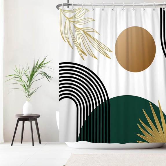 Boho Green Mid Century Shower Curtain Abstract Neutral Simple Leaf Shower Curtains for Bathroom Decor 72W x 72 L Inches Sun Arch Curve Modern Minimalist Waterproof Fabric Shower Curtains