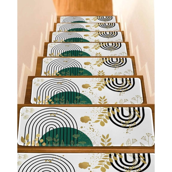 Boho Green Stair Treads for Wooden Steps Indoor Runner Rug Carpet, Gold Leaf Black Bohemian Plant Circle Flower 15 Pieces Peel and Stick Staircase Step Treads Covers Washable Throw Door Mats, 30"x8"