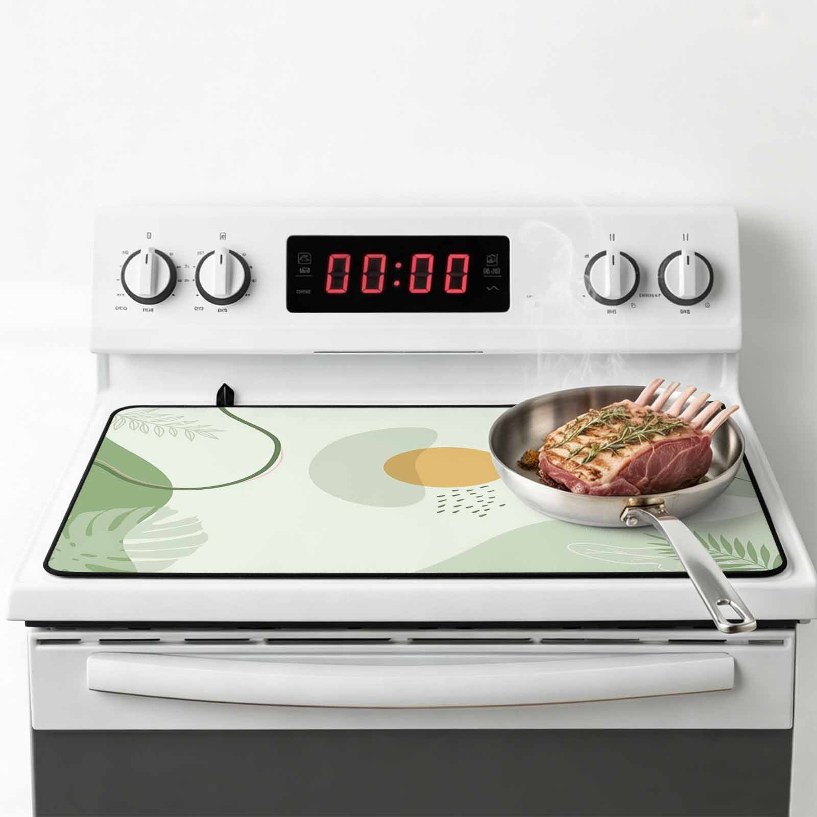 Boho Green, Stove Top Cover for Electric Stove, Heat-proof & Non Slip Glass Top Stove Cover Protector, AbstractGeometric Leaves Plant Aesthetic Art Kitchen Flat Cooktop Rubber Mat 24x21 Inches