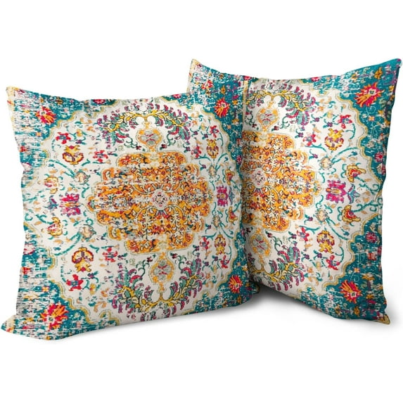 Boho Green Throw Pillow Covers 16x16 inch Set of 2, Rust Coral Floral Persian Carpet Double Sided Pattern Soft Plush Cushion Cover for Couch Sofa Bed Decorative, Only Pillowcase (No Insert)