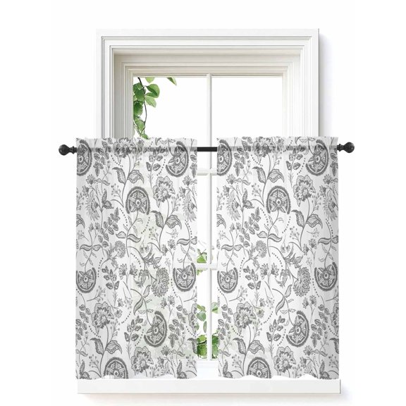 Boho Grey Floral Curtains 54 Inch Length,Sheer Curtains for Bedroom Living Room Window Vintage Farmhouse Paisley Plant Leaf Rod Pocket Drapes Kitchen Curtains Small Half Window 52"x54" 2 Panels