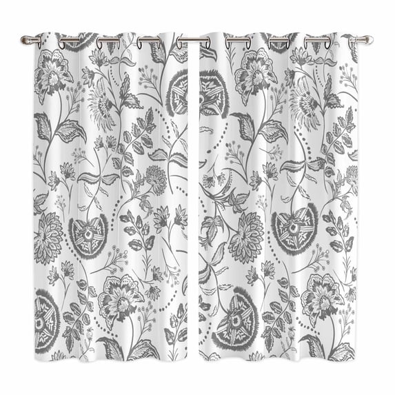 Boho Grey Floral Kitchen Curtains 84 Inch Length, Vintage Farmhouse Paisley Plant Leaf Grommet Top Bedroom Living Room Curtains, Light Filtering Cafe Curtain Drapes 2 Panels Set 104''x84''