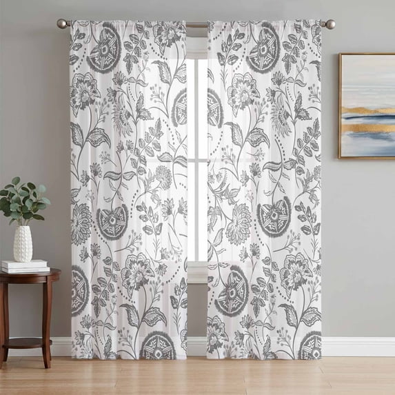Boho Grey Floral Sheer Curtains 63 Inch Length 2 Panels Set, Vintage Farmhouse Paisley Plant Leaf Voile Window Treatment Rod Pocket Curtains Sheers Drapes for Bedroom/Living Room/Kitchen 52x"63"x2
