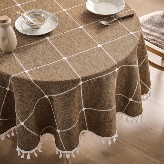 Boho Grid Table Cloth With Tassels (caramel 52" Round) Heavy Weight Linen Checked Embroidered Farmhouse Tablecloth Water Resistant Round Brown Tablecloths