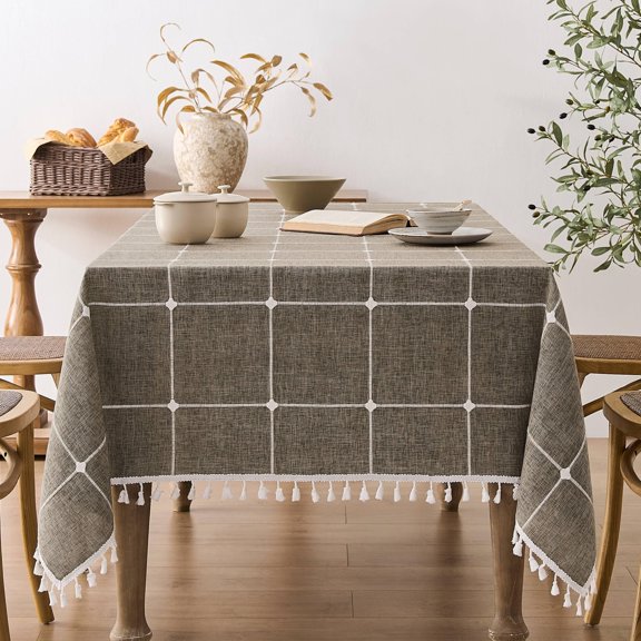 Boho Grid Table Cloth With Tassels (cocoa Brown 52" X 52") Heavy Weight Linen Checked Embroidered Farmhouse Tablecloth Water Resistant Square Tablecloths