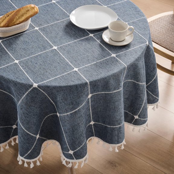 Boho Grid Table Cloth With Tassels (navy Blue 52" Round) Heavy Weight Linen Checked Embroidered Farmhouse Tablecloth Water Resistant Round Dark Tablecloths