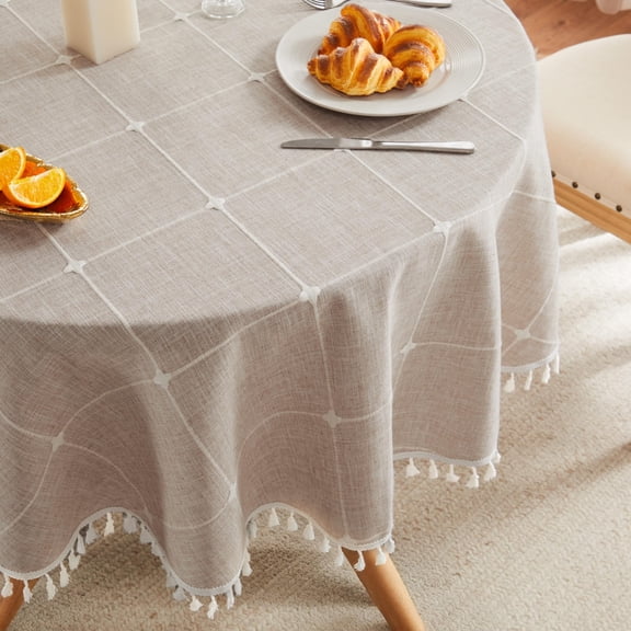 Boho Grid Table Cloth With Tassels (taupe 60" Round) Heavy Weight Linen Checked Embroidered Farmhouse Tablecloth Water Resistant Round Beige Tablecloths