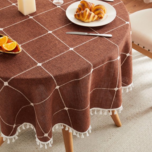 Boho Grid Table Cloth With Tassels (terracota 52" Round) Heavy Weight Linen Checked Embroidered Farmhouse Tablecloth Water Resistant Round Rust Tablecloths