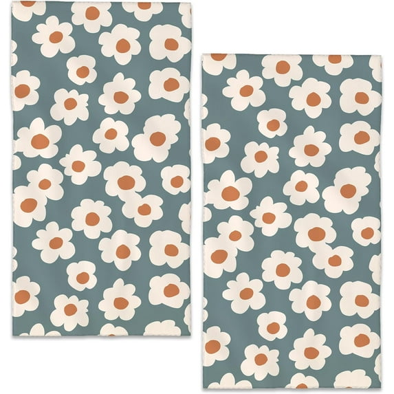 Boho Groovy Flowers Hand Towels Vintage White Daisy Bath Towel Set of 2 Soft Kitchen Dish Towels Decorative Bathroom Face Towels for Guest Gym Yoga 28 x 14 Inch