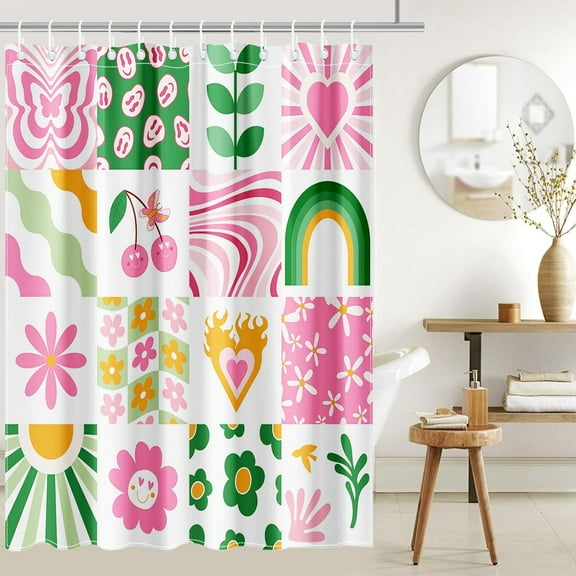 Boho Groovy Shower Curtain Set Colorful Checkered Abstract Shower Curtain for Bathroom Vintage Aesthetic 70S Bathroom Decor Waterproof with Hooks, Pink and Green 36"W x 72"L (Pack of 1)