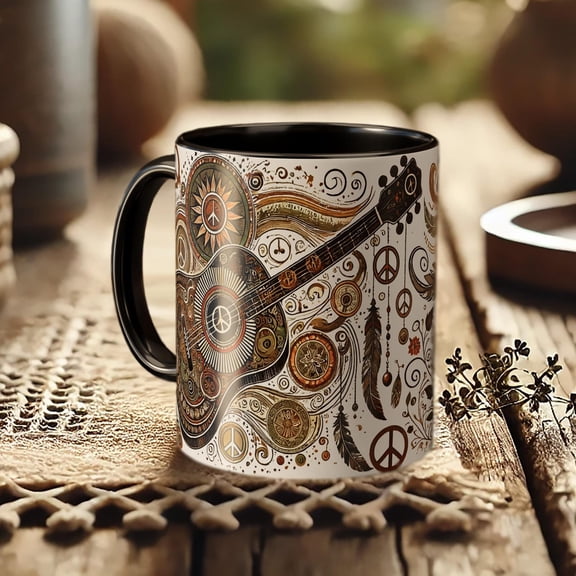 Boho Guitar Mug Hippie Music Lover Coffee Cup, Peace Sign Vintage Floral Drinkware