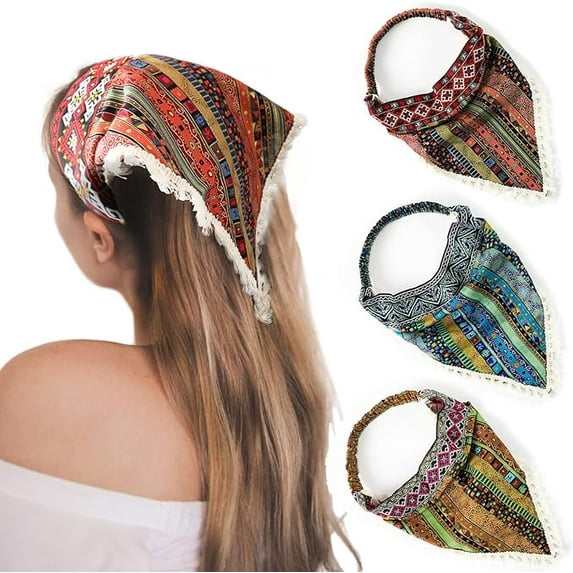 Boho Hair Bandanas Head Kerchief - 3Pcs Elastic Hair Scarves Headband with Fringe Trim Ethnic Bandana Headband Hair Kerchief