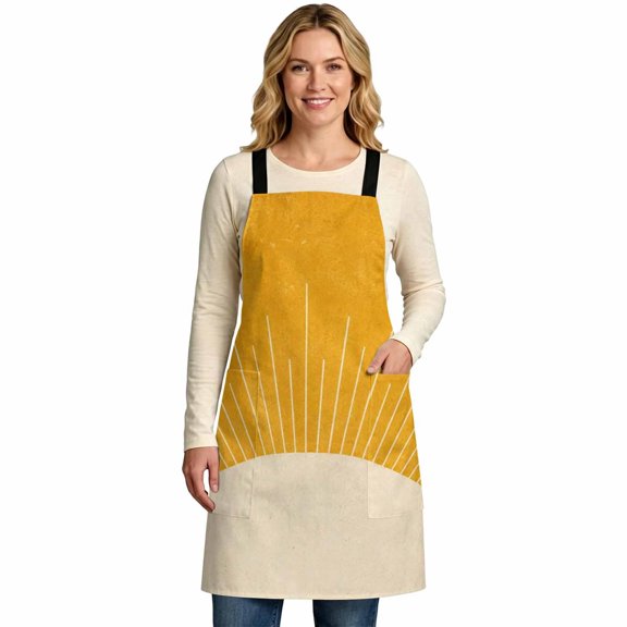 Boho Half Sun Kitchen Aprons for Women with 2 Pockets, 35"x47" Minimalist Cream Sunburst Ochre Background CrossBack Adjustable Straps Cooking Aprons, Bib Apron for Baking Gardening