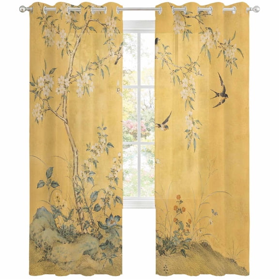 Vintage Oriental Sheer Curtains 96 Inch Long 2 Panels, Classic Chinese Tree Floral Swallow Mustard Light Filtering Semi Sheer Drapes Grommet Voile Window Curtain for Living Bedroom W52 x L96
