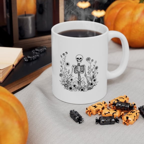 Boho Halloween Skeleton Ceramic Mug oz Flowers and Skeleton Coffee Mug Witchkeleton Mug.