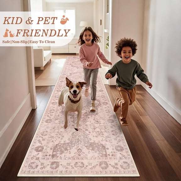 Boho Hallway Rug Runner 2x6  Low Pile Vintage Rugs For Living Room Washable Non Slip Soft Faux Thin Printed Carpet Entryway Kitchen Bedroom Laundry (pink)