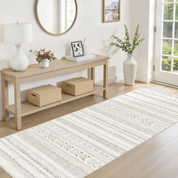 Boho Hallway Runner Rug 2.6x10: Soft Machine Washable Moroccan Farmhouse Runner for Entryway Kitchen Laundry - Non-Slip Morden Indoor Rug for Bedroom Bathroom - Light Brown/Cream