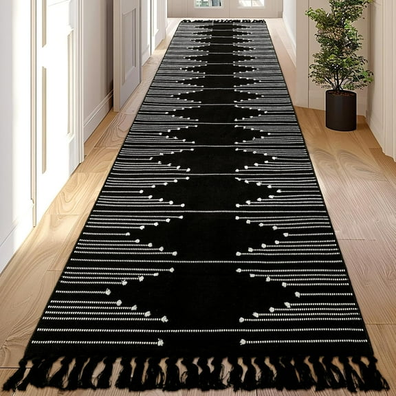 Boho Hallway Runner Rug 2x12 - Washable Area Rug Farmhouse  Cotton Long Thin Rugs with Tassels Kitchen Bathroom Lightweight Woven Low Pile Carpet for Entryway, Bedroom, Black and White