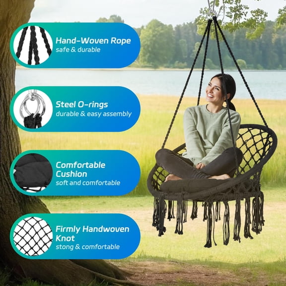 Boho Hammock Chair with Hanging Kit & Back Cushion,Indoor Outdoor Swing Chair for Bedroom Patio, Black Adult Hammock Swings