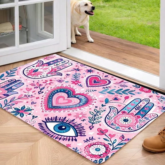 Boho Hamsa Hand Evil Eye Doormat, Pink Floral Heart Non-Slip Absorbent Welcome Mat, Spiritual Bohemian Decorative Floor Rug, Washable Anti-Stain Entryway Mat for Indoor Outdoor