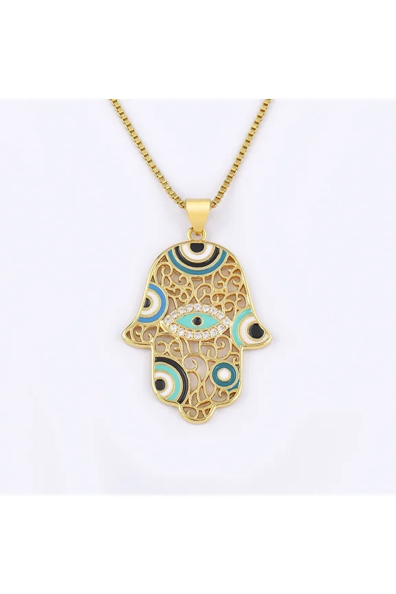 Boho Hamsa Hand Rainbow Evil Eye Charm 14K Yellow Gold Necklace Men Women Fashion CZ Turkish Lucky Choker Chain Female Couple Jewelry Gift