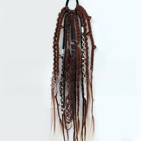 Boho Hand Braided Ponytail Extension, Elastic Viking Braid Hairpiece with Shell Bead Charms, Festival Cosplay Wrap Around Ponytail Hair Tie