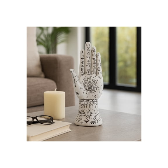 Resin Tattoo Hand Figurine for Home and Office Decor - Artistic Symbols Accent Display for Bathroom, Living Room, and Shelf - Graphic Sculpture Ornament for Coffee Table Decor - 10", White & Black