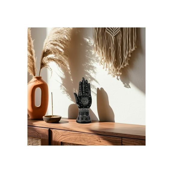 Boho Hand Sculpture - Intricate Palmistry Design - Resin Decorative Accent for Home, Office, Bedroom, Living Room - 10" Black