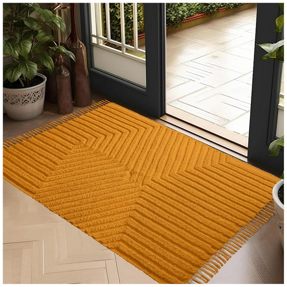 Bedding Craft Boho Hand-Woven Cotton Bathroom Rug, Tufted with Tassels, 2 x 3 ft, Mustard