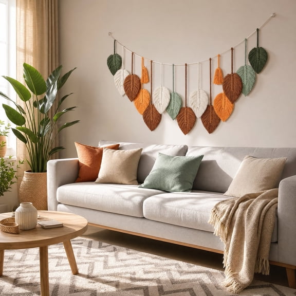 Boho Hand Woven Cotton Leaf Macrame Garland with Tassels for Stylish Living Room and Bedroom Wall Decor, Perfect for Photo Display and Party Decoration