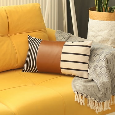 Boho Handcrafted Decorative Single Throw Pillow Cover Vegan Faux Leather Geometric 12" x 20" Brown & Ivory Lumbar for Couch, Bedding