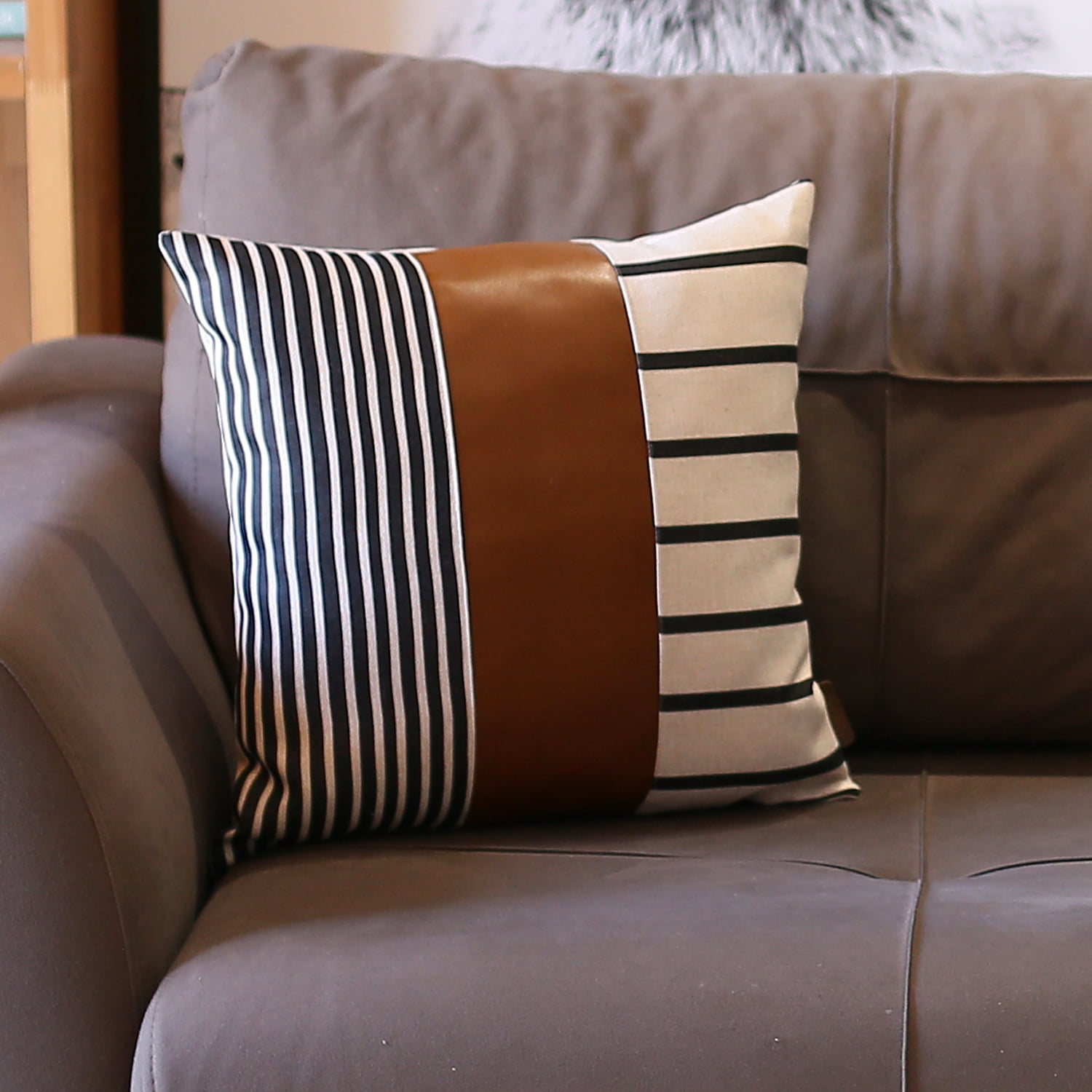 Brown and Ivory Faux Leather Striped Pillowcase 17" x 17"