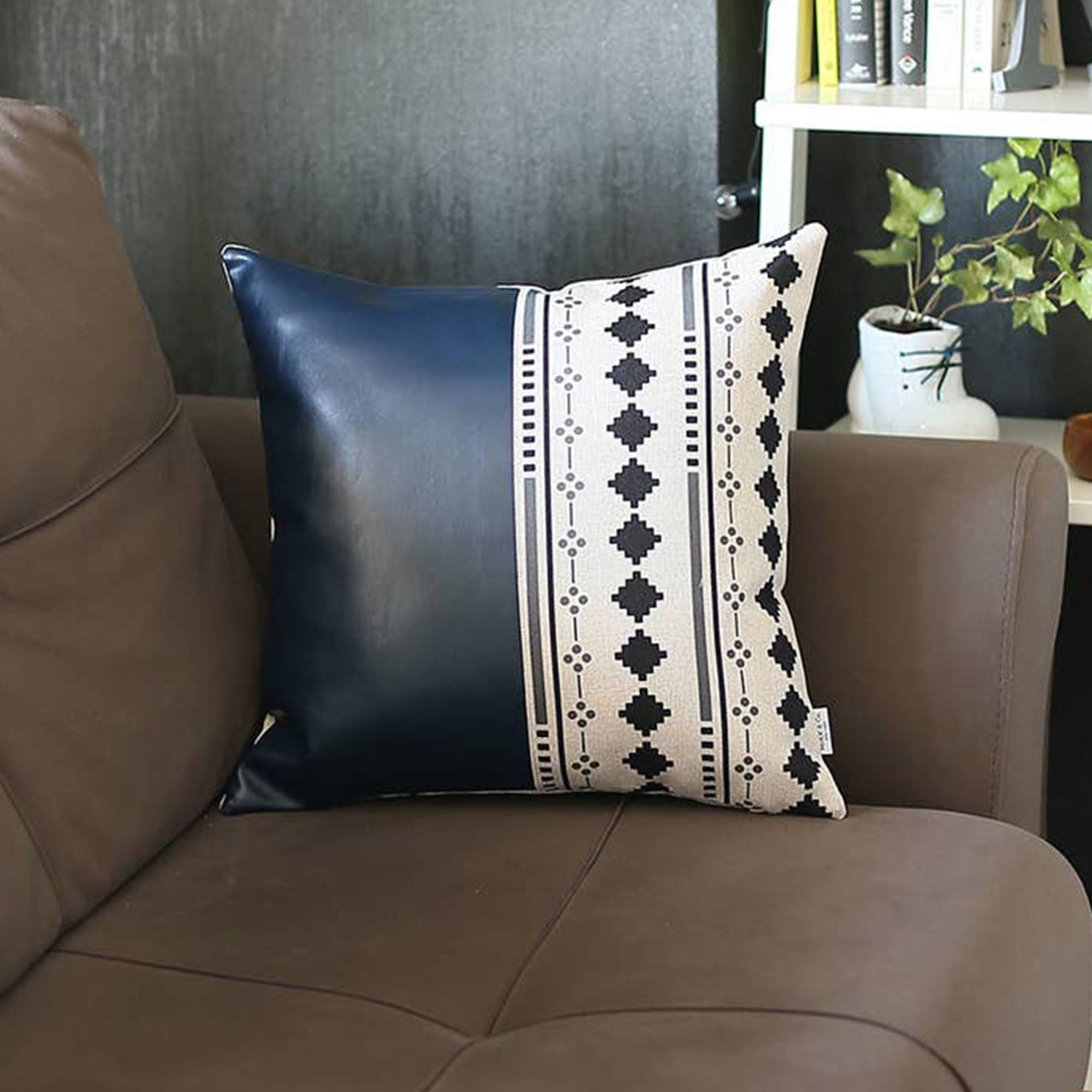 Navy Blue and Ivory Geometric Faux Leather Throw Pillow Cover 17" x 17"