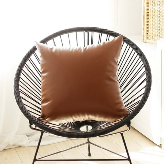 Boho Handcrafted Decorative Single Throw Pillow Cover Vegan Faux Leather Solid 17" x 17" Brown Square for Couch, Bedding