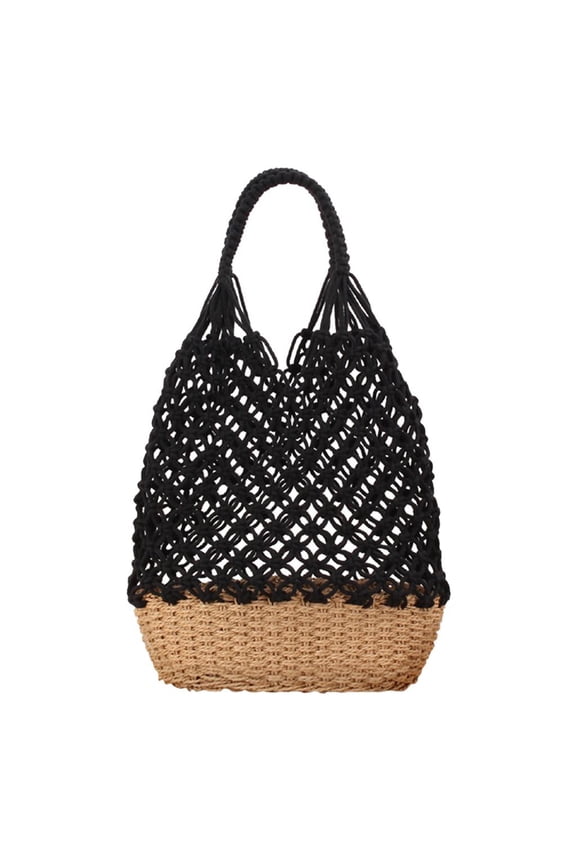 Boho Handmade Cotton Beach Knitting Bucket Bag Purse Woven Bag Tote for Women Hand-woven Crochet Handbag Black