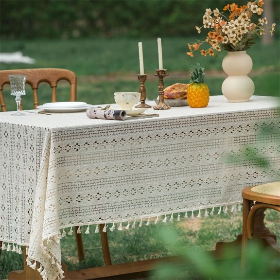 Boho Handmade Crochet Tablecloth with Tassels Farmhouse Wedding Tablecloth Table Cloth for Kitchen Dinning Decor