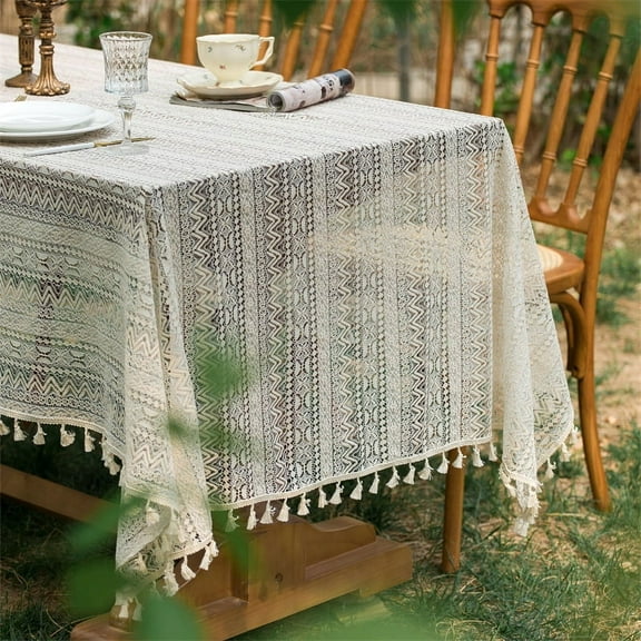 Boho Handmade Crochet Tablecloth with Tassels Farmhouse Wedding Tablecloth Table Cloth for Kitchen Dinning Decor