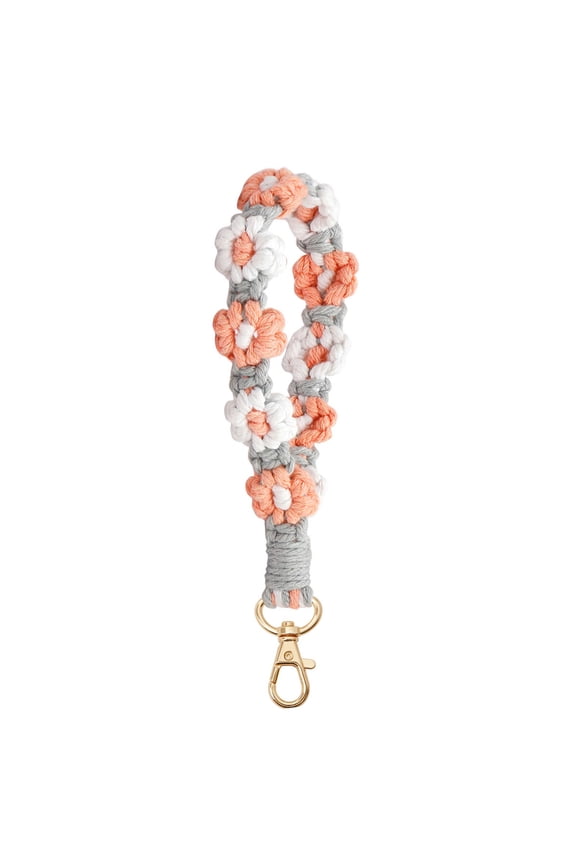 Boho Handmade Macrame Keychain – Woven Flower Pattern Wristlet Lanyard for Keys Purse Wallet, Soft Cotton Rope Key Ring for Women, Natural Cream Tone for Daily Carry or Bag Charm, By Harlik