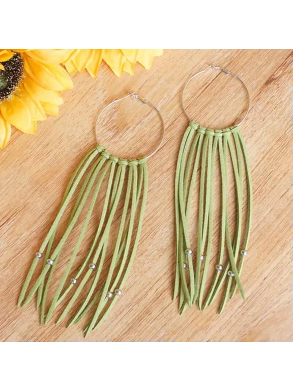 Boho Handmade Tassel Long Fringe Silver Bead Hoop Earring Dangle Leather Jewelry