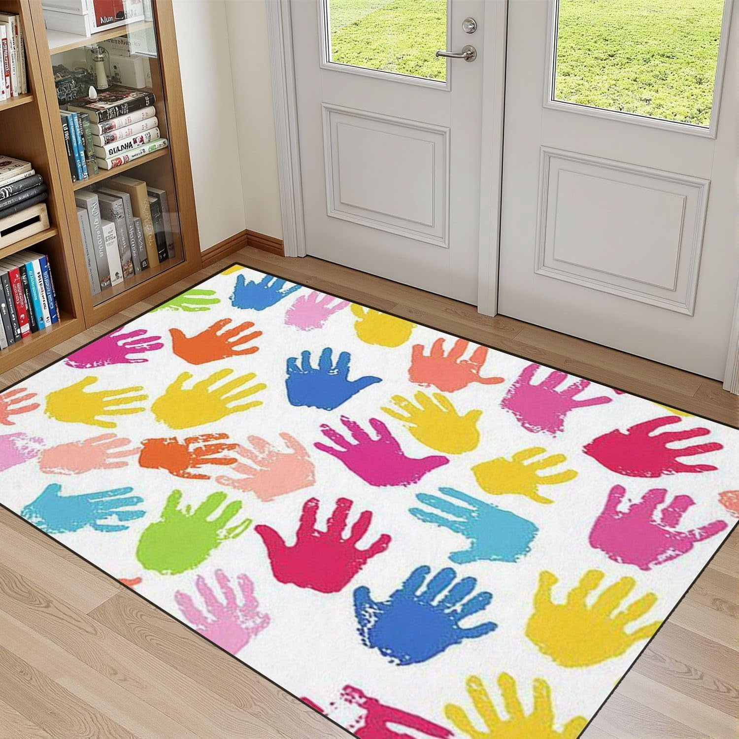 Boho Handprint Area Rug, Mother Handprint Pattern Carpet, Washable Non ...