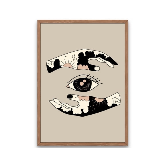 Boho Hands Print - Abstract Bohemian, Sun And Clouds, Evil Eye, Neutral Earthy, Celestial, Mystical Hands, Alternative, Minimalist Home Art Wall Art, Modern Wall Decor, 16x24 UNFRAMED
