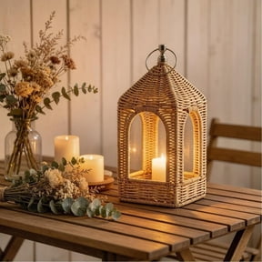 Boho Handwoven Rattan Lantern with Metal Ring, Decorative Tabletop or Hanging Candle Holder for Patio, Garden Wedding Centerpiece