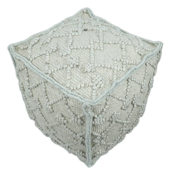 Boho Handwoven White Sand Pouf Ottoman Made with Wool Blend, Tribal Design, Footstool, Couch, Side table  | TRD111