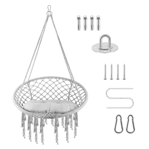 Boho Hanging Chair, 330 lb Durable Build, Metal Trimmed Frame, Gray Hanging Reading Chair, Swing Seat for Adults, Crafted for Lounge, Cabin, Balcony