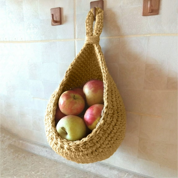 Boho Hanging Fruit Basket for Kitchen - Handwoven Wall Mounted Storage Basket with Linen Lining, Teardrop Produce Holder for Fruits, Vegetables, Onions and Potatoes, Space-Saving Farmhouse Decor