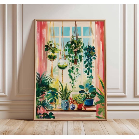Boho Hanging Indoor Plants Poster, Unframed Paper Poster 8x10in